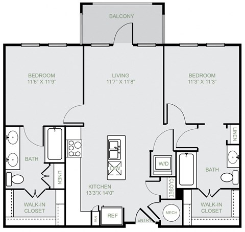 Floor plan for 2 beds, 2 baths, 988 sqft